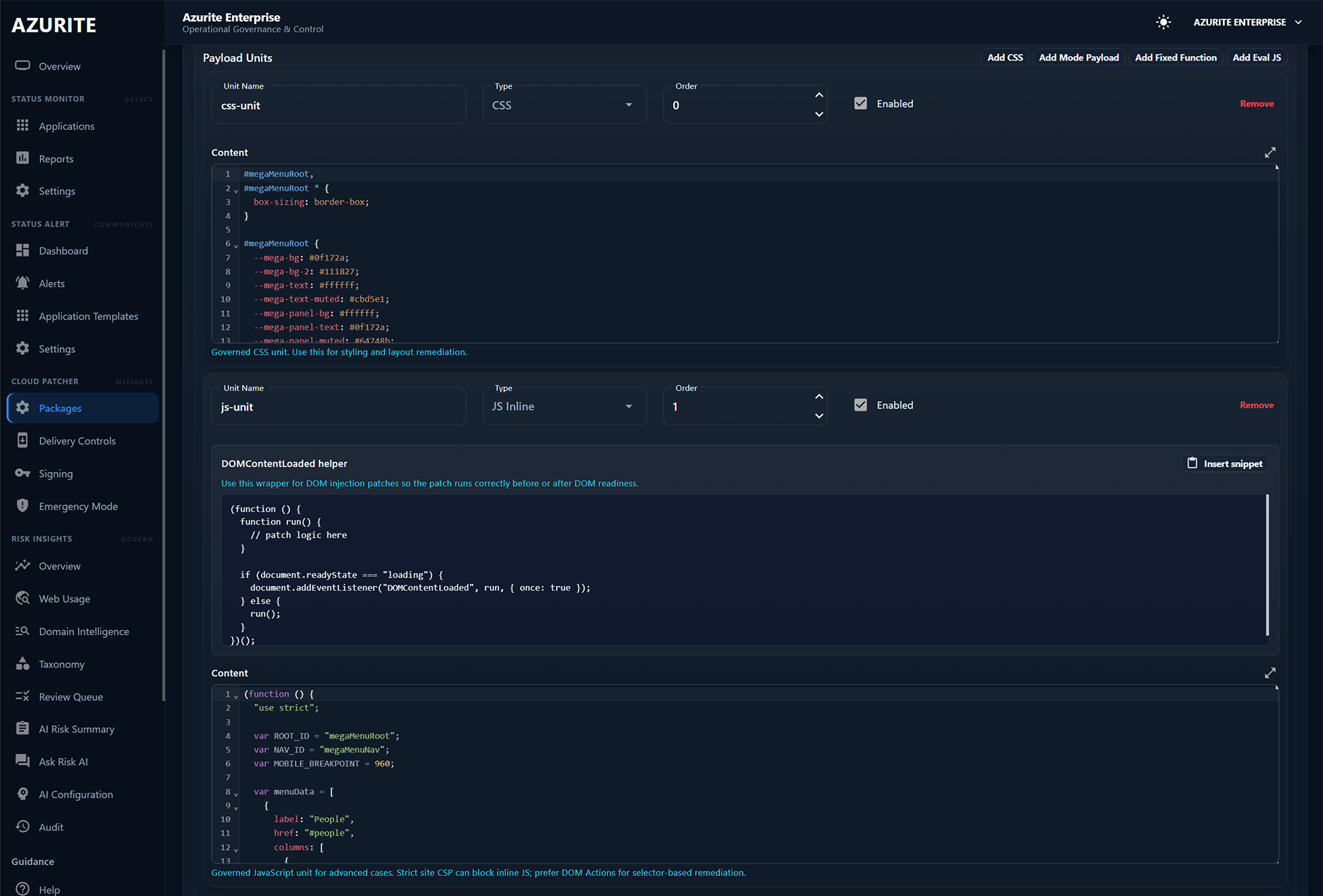Cloud Patcher edit package view showing governed payload units.